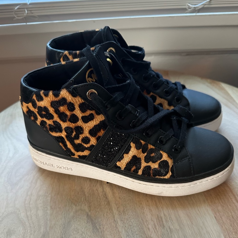 Michael Kors Leopard Print High-Top Sneakers in Black and Brown